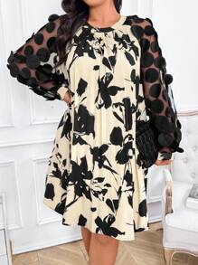 SHEIN Clasi Rochie de damă mărime mare, dreaptă, cu imprimeu floral, cu panouri contrastante din plasă, cu mânecă lungă - Negru - Vizualizare 5