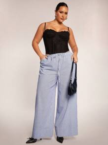 SHEIN BAE Pantalones casuales a rayas azules y blancas de talla grande con lazo, adecuados para uso diario, ir a trabajar, salir, citas, té de la tarde, vacaciones, primavera/verano - Azul y blanco - Ver 3