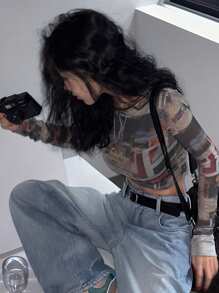 DAZY 女士网眼印花修身短款上衣，节日花朵度假海滩装，春夏长袖女上衣，秋季女装 - 彩色 - 查看 4