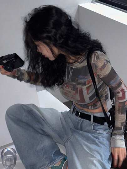 DAZY 女士网眼印花修身短款上衣，节日花朵度假海滩装，春夏长袖女上衣，秋季女装