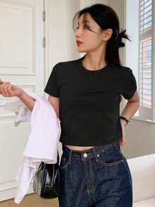 DAZY Camiseta casual de cuello redondo para mujer de manga corta de unicolor para verano