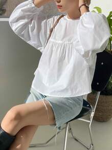 DAZY Solid Lantern Sleeve Keyhole Back Blouse,Ruffle,Fall Clothes Long Sleeve Top - White - View 9