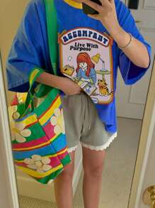 DAZY 女士夏季卡通人物印花宽松休闲T恤圆领落肩袖图案T恤超大码T恤