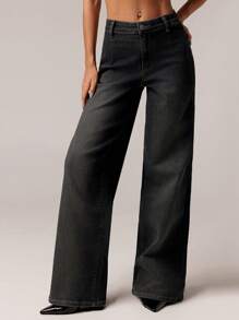 SHEIN Forever 21 春夏女士浪漫/舞会/正式/生日/90 年代/商务休闲/优雅/西部装/外出/时尚/休闲/Y2K 服装/俱乐部/办公室/鸡尾酒会/复古/紧身/狂欢服装/搞笑/优雅/老钱/街头服饰/度假/乡村音乐会/工作/端庄/春假/单身女郎服装/音乐会/坏人/基本款/毕业/蓝色水洗/低腰/宽松/直筒/阔腿/牛仔装/黑色牛仔裤 - 黑色 - 查看 8