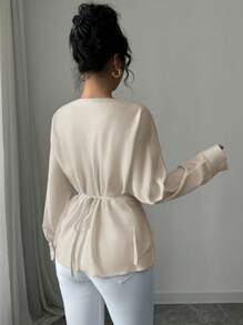 Elenzga 女士交叉腰带纯色长袖宽松棉质衬衫，秋冬 - 杏色 - 查看 2