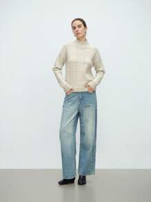 SHEIN LUNE 32%羊毛高领宽松格纹毛衣，女士秋冬针织套头衫 - 卡其色 - 查看 4