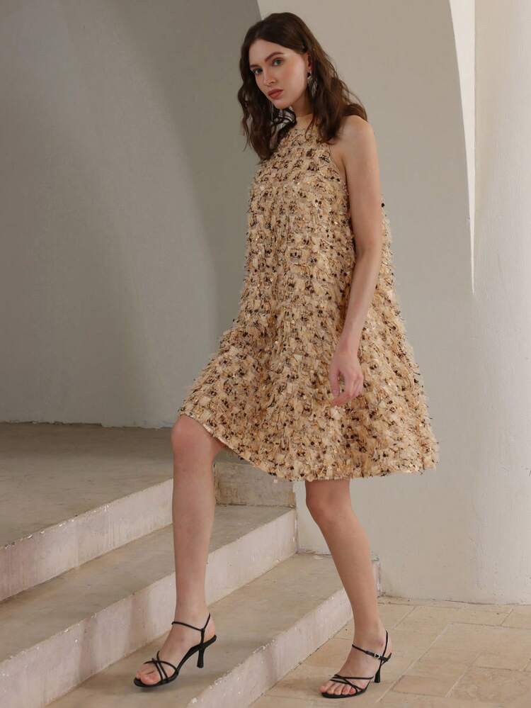 Women's Elegant Romantic Banquet/Date Night Gold Tassel Decor Sleeveless Round Neck Dress, Old Money, Summer Outfits, Sundress Spring Outfits