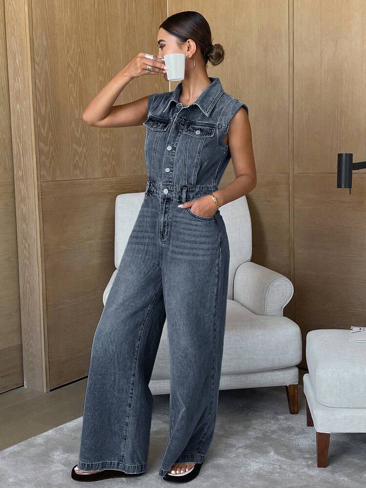 Women's Retro Western Style Washed Sleeveless Long Denim Overalls And Jumpsuit Fall/Winter