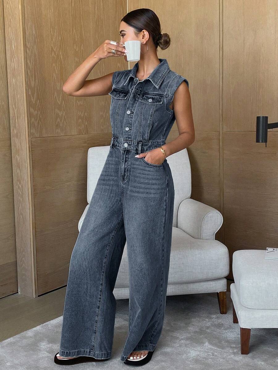 Livesso 女式复古西式水洗无袖长款牛仔背带裤和连体裤秋冬 - 深色水洗藍 - 查看 1