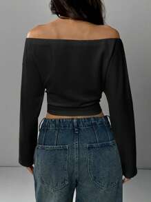 SHEIN EZwear Women's Off Shoulder Solid Color Long Sleeve Crop Top