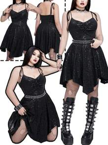 Whyspr Casual Punk Plus Size Women's Sexy Asymmetrical Hem Sequins Camisole Dress - Black - View 2