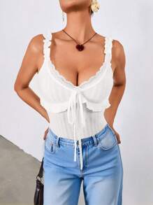 Chiquease Women Frill Trim Floral Print Sleeveless Camisole Tank Top - White - View 6