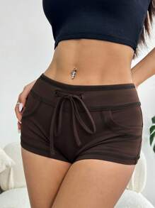 SHEIN EZwear Quần short cạp thấp bó sát siêu ngắn có dây rút đường khâu hở - Cà phê nâu - Xem 5