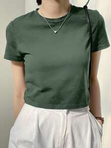 Dazy-Less 纯色圆领短款T恤，复古富贵风格，夏季商务休闲女装，复活节 - 綠色 - 查看 6