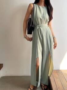 DAZY Solid Color Crew Neck Sleeveless Slit Women Jumpsuit - Green - View 6