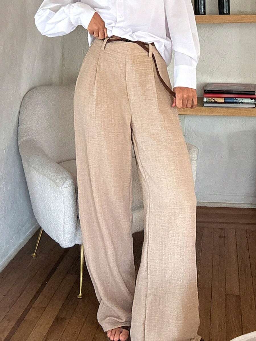 Cloudara WOMEN WIDE LEG HIGH WAIST PANTS WITH BELTED - Beige - View 1