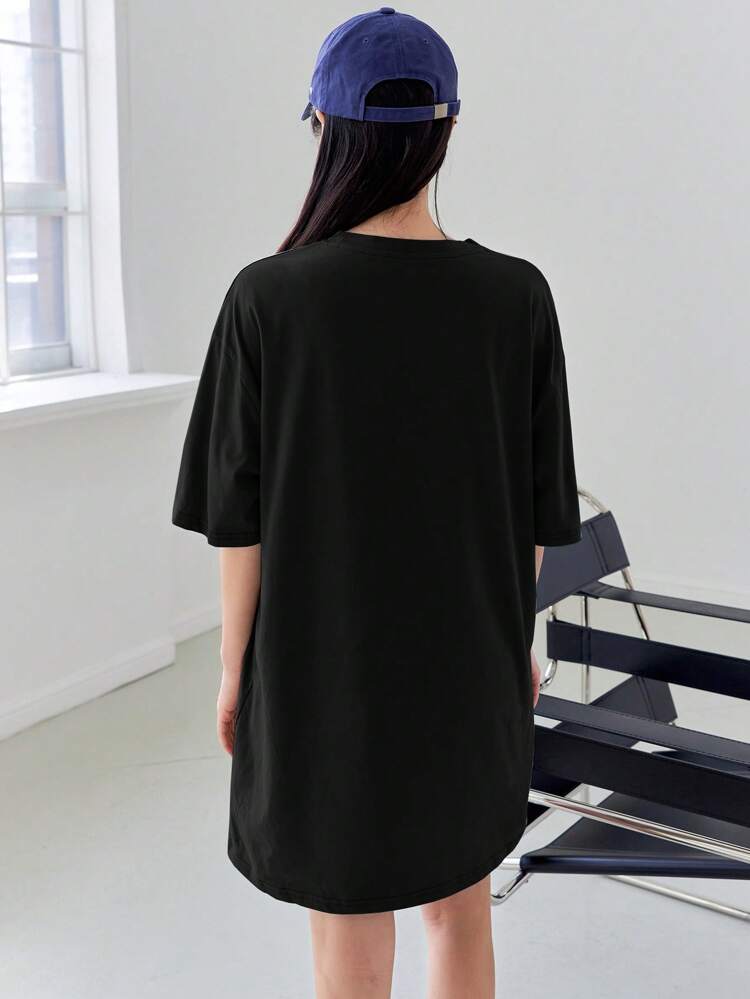 Slogan Graphic Drop Shoulder Tee Dress Petite Dress Sundress,Casual Women Dresses