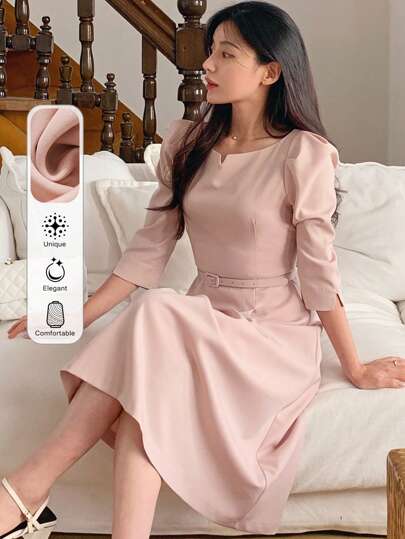 DAZY 女式圆领收腰 3/4 袖收腰中长连衣裙，返校服装