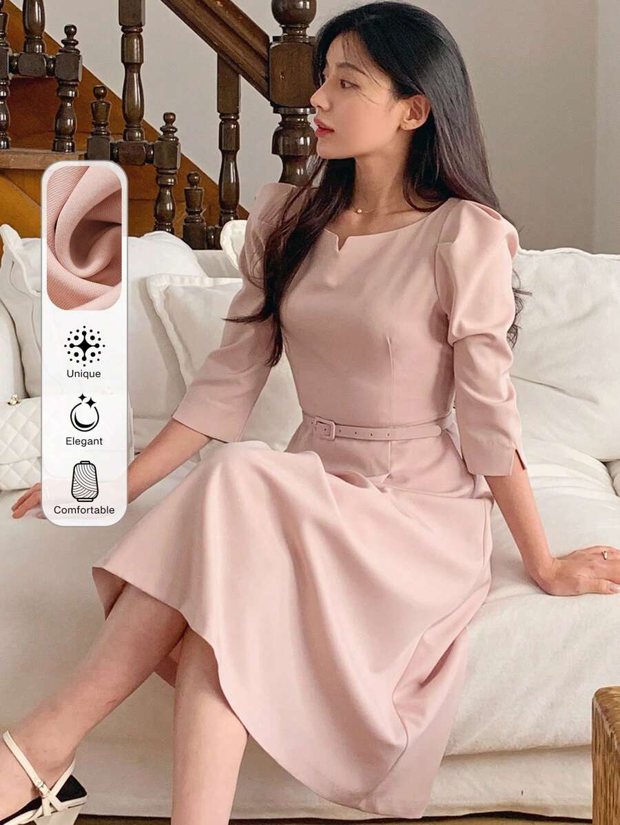 DAZY 女士圆领收腰半袖中长连衣裙，返校季服装 - 粉色 - 查看 1