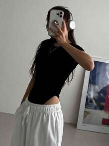 DAZY Women's Summer Solid Color Slim Fit Round Neck Short Sleeve Bodysuit For Wearing As Underwear Or Alone