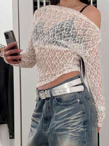 DAZY 女式白色蕾丝不对称领口修身透视短款上衣，春夏节日 Y2k，沙滩装长袖女式上衣，秋季女装