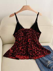 Hourglow 大码豹纹蕾丝拼布露背荷叶边下摆吊带背心