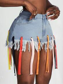 Slaydiva 女式夏季时尚流苏下摆牛仔短裤 - 藍色 - 查看 2