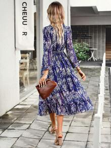 SHEIN Clasi Đầm Maxi Họa Tiết Hoa Nhỏ Gọn Tay Phồng Viền Xếp Ly Cho Kỳ Nghỉ Bãi Biển Nữ - Màu xanh lam - Xem 2