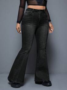 SHEIN ICON Plus Size Front Button Multiple Pockets Casual Denim Jeans - Black - View 6