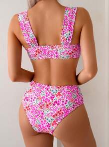 Springbreak Women Ditsy Floral Halter Neck Backless Bikini Set, Sweet Floral Pattern For Summer Vacation - Multicolor - View 2