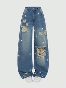 Teenage (Girls) Retro Rhinestone Ripped Washed Wide-Leg Jeans, Casual Fashion - Medium Wash - View 2