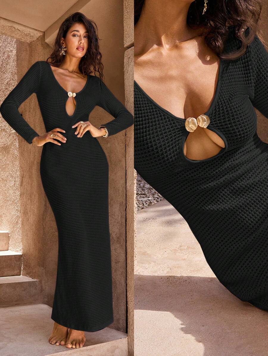 Opulessa 秋冬圣诞节婚礼鸡尾酒会正式礼服 1 件女式纯色针织 V 领长袖鱼尾连衣裙，适合度假 - 黑色 - 查看 1