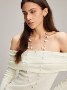 Clariva 1pc Handmade Beaded Long Necklace For Women, Layered Faux Pearl Sweater Chain, Fashion Elegant Party Dress Accessory Winter Gifts