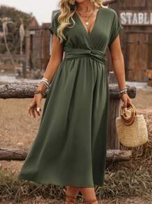 Ceyna Plus Size Women's French Style Commuter Casual Holiday Solid Color Cross Shirred Waist Tie Back Drawstring Loose Sleeve Midi Dress, Spring/Summer - Army Green - View 8