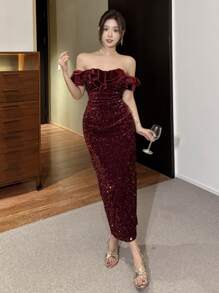 DAZY 女士褶皱露肩亮片褶裥修身优雅中长连衣裙，秋冬/新年派对女士吊带裙返校节礼服奢华红色女士连衣裙舞会礼服圣诞节嘉年华