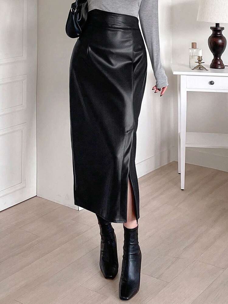 Women's High Waist Fashionable PU Solid Color Elegant Korean-Style Skirt