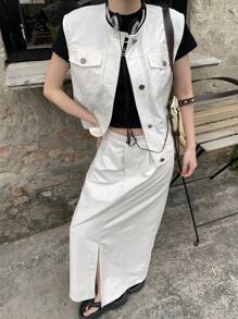 DAZY 女士纯色单排扣背心和侧开衩下摆短裙休闲两件套夏季 - 白色 - 查看 2