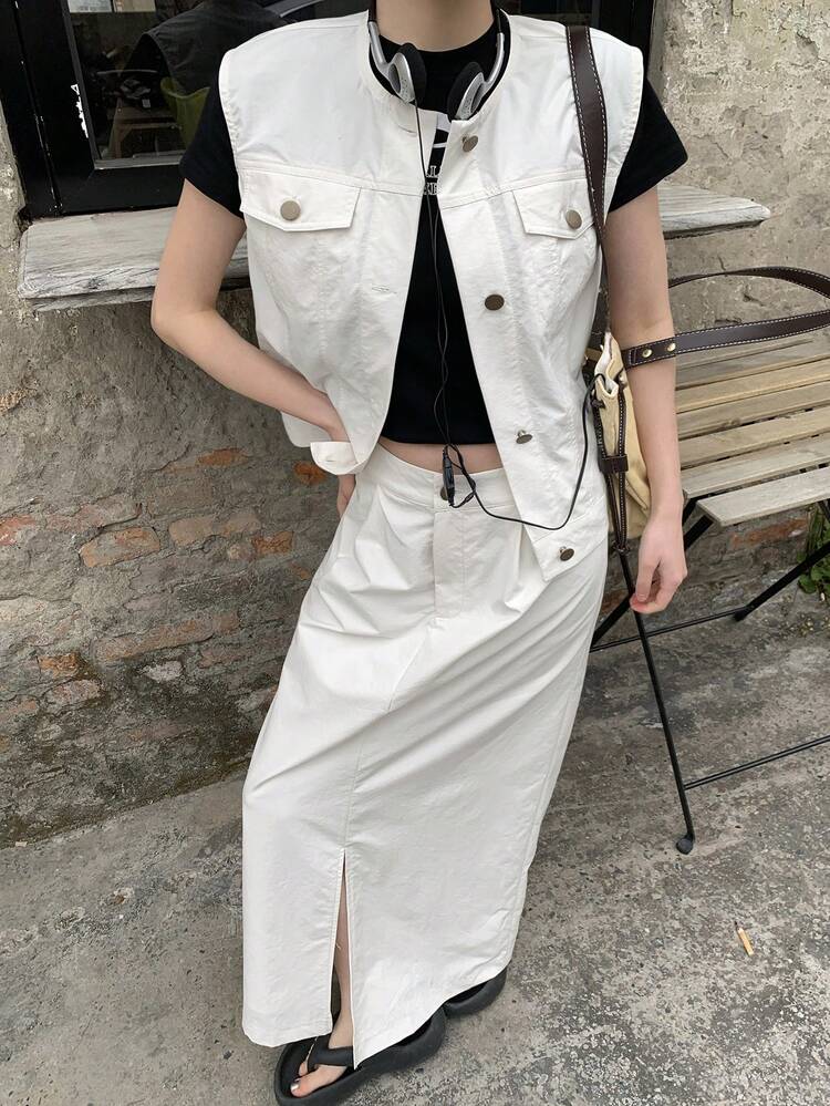 Women's Solid Color Single-Breasted Vest & Side Slit Hem Skirt Casual 2 Pieces Set Summer
