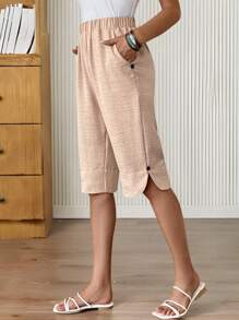 EMERY ROSE 女士休闲乡村风格纽扣装饰亚麻中长裤夏季 - 卡其色 - 查看 7