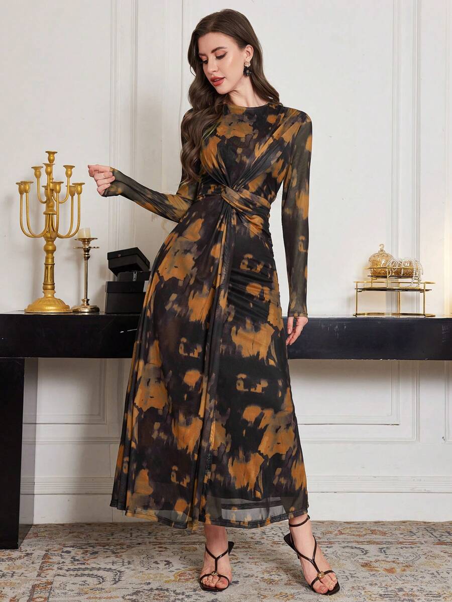 Modelyn Women's Elegant Tie-Dyed Printed Twist Waist Dress