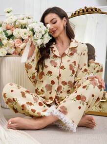 2 Pieces Women Burgundy Rose Romantic Pajama Set