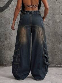 SHEIN ICON 女士拉链前口袋宽腿宽松休闲牛仔裤 - 藍色 - 查看 2