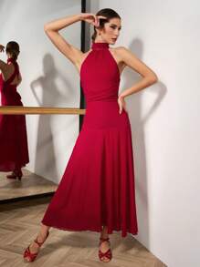Mulvari Elegant Solid Color Backless Halter Neck Dress, Comfortable Dance Wear Latin Dancewear  Ballet Tutus Ballroom Dance Dresses/Skirts Dancewear/Dance Costumes/Dance Dresses/Dance Skirts