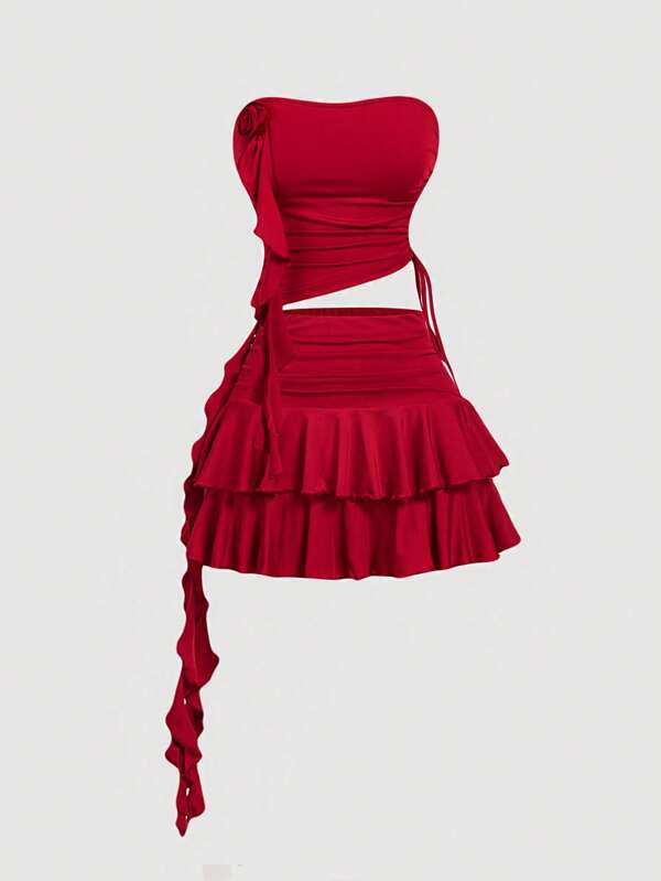 SHEIN MOD Set de 2 piezas Rojo Floral 3D Lindo para Dama, Atuendo del Día de San Valentín, Ropa para Cita Nocturna