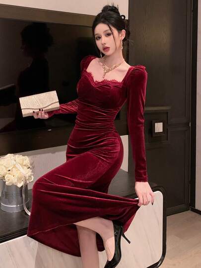 DAZY Women's Solid Color Contrast Lace Sweetheart Neck Puff Sleeve Elegant Burgundy Dress, Back To School Occasion Elegant Fall,Winter Red Women Dresses