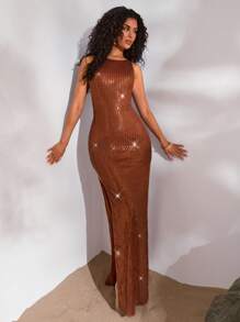 Opulessa Modisches, sexy, funkelndes Kleid mit hohem Schlitz und freiem Rücken für Frauen - Braun - Übersicht 6
