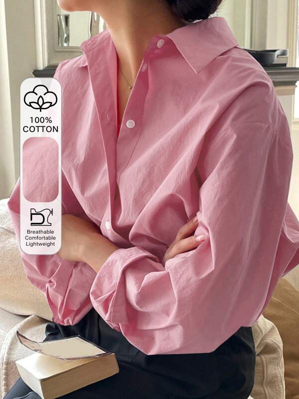 DAZY Women's Spring And Summer Solid Color Long-Sleeved Casual Loose Commuter Shirt