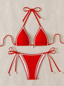 Swim Mod Spring Break Solid Color Halter Bra Swimwear Top & Side Tie Triangular Bikini Bottom For Summer Beach Vacation