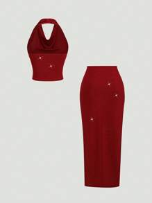 Sweetra 勃艮第金线和银色丝滑柔软面料 V 领褶皱露背背心和高开叉百褶裙 2 件套，时尚简约优雅，适合约会、聚会、派对、女士、春夏