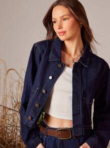 WESTFADE Collared Button Front Patch Pockets Cropped Long Sleeve Denim Jacket